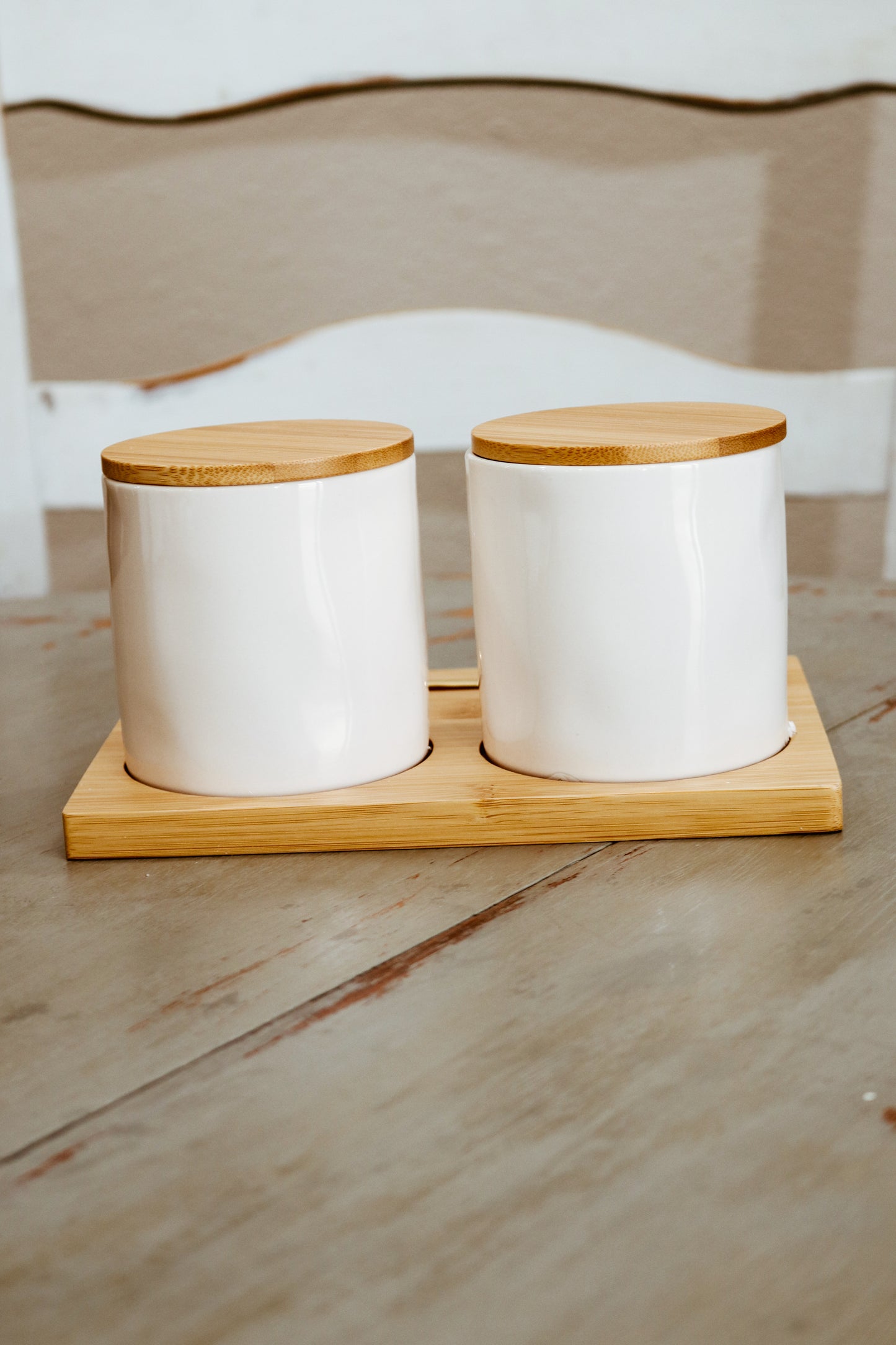 Rae Dunn Salt + Pepper Cellars Bamboo Tray & Spoon