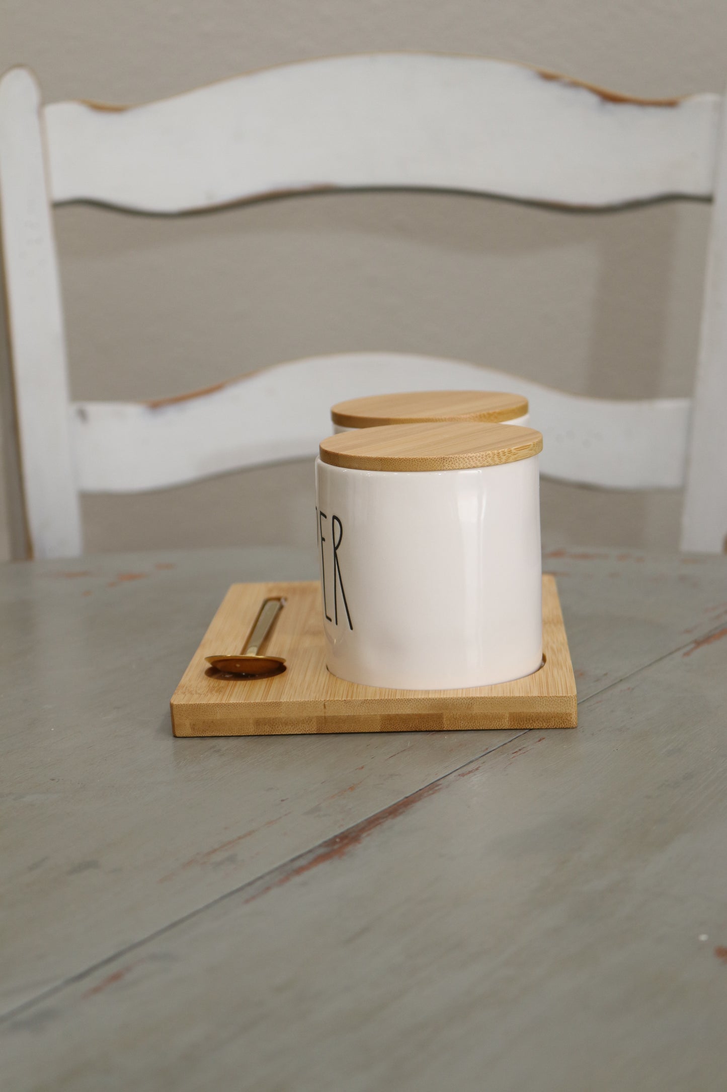 Rae Dunn Salt + Pepper Cellars Bamboo Tray & Spoon