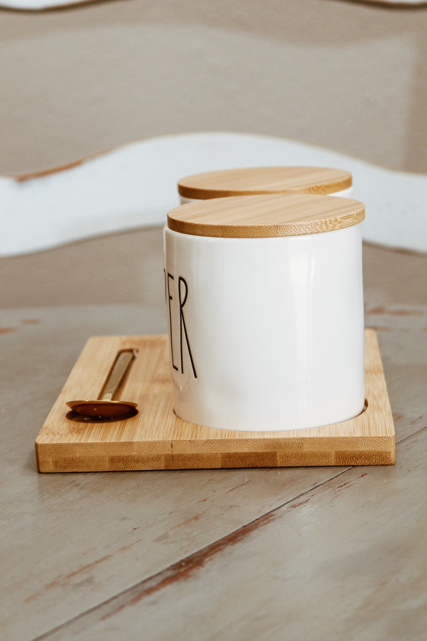Rae Dunn Salt + Pepper Cellars Bamboo Tray & Spoon