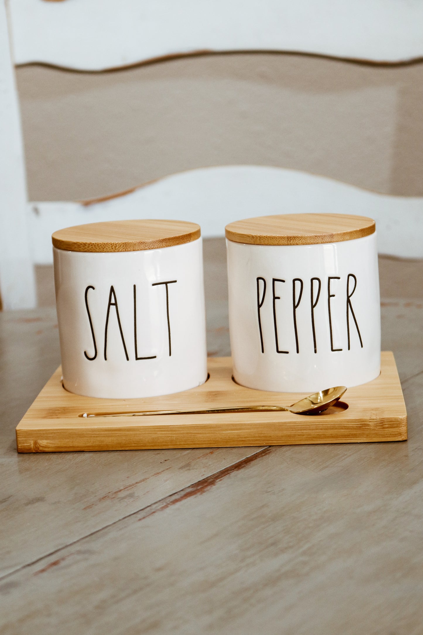 Rae Dunn Salt + Pepper Cellars Bamboo Tray & Spoon