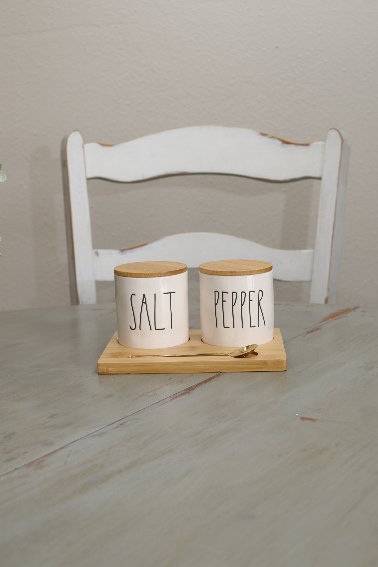 Rae Dunn Salt + Pepper Cellars Bamboo Tray & Spoon