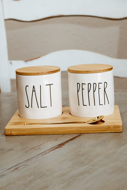 Rae Dunn Salt + Pepper Cellars Bamboo Tray & Spoon