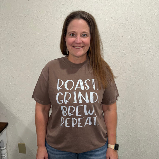 Roast Grind Brew Repeat Comfort Colors Graphic Tee
